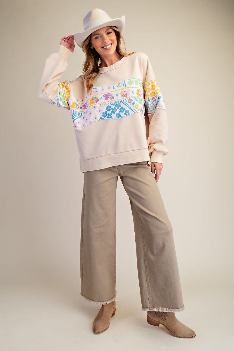 Easel Floral Patchwork Mineral Wash Pullover