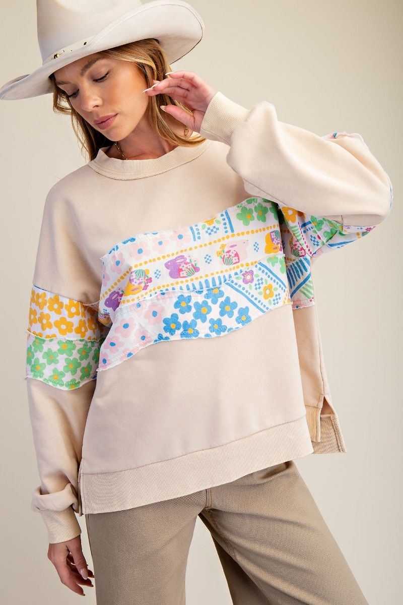 Easel Floral Patchwork Mineral Wash Pullover