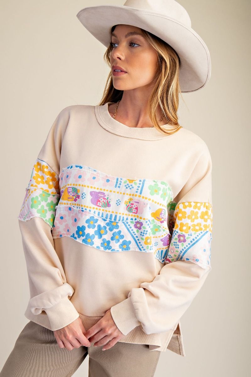 Easel Floral Patchwork Mineral Wash Pullover