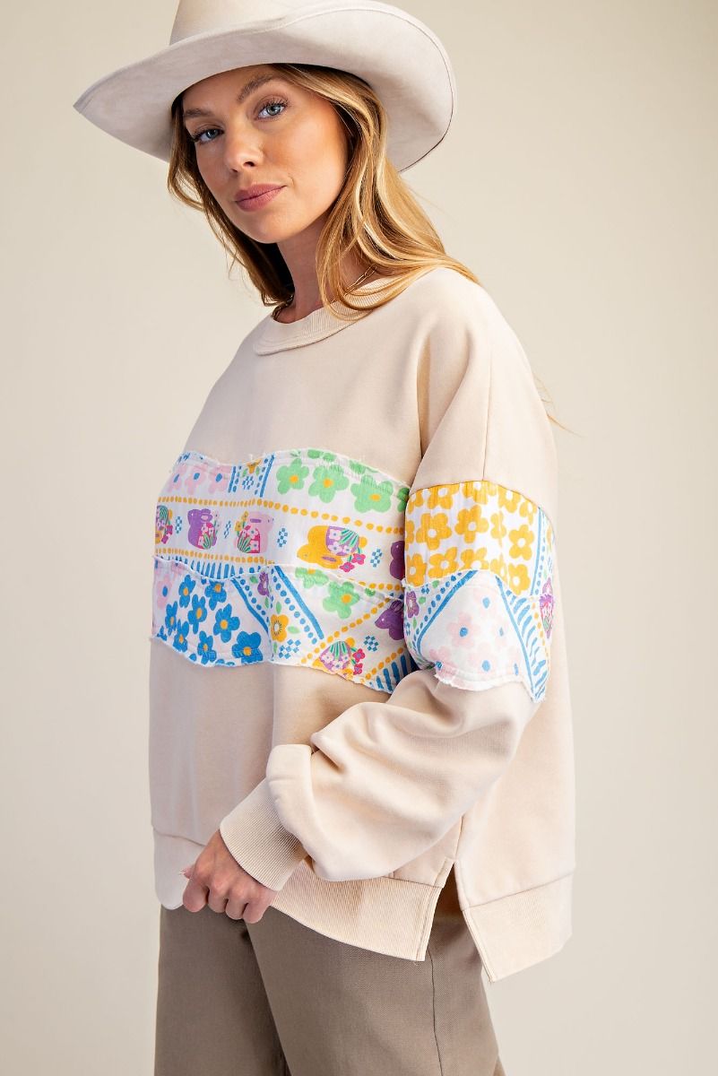 Easel Floral Patchwork Mineral Wash Pullover