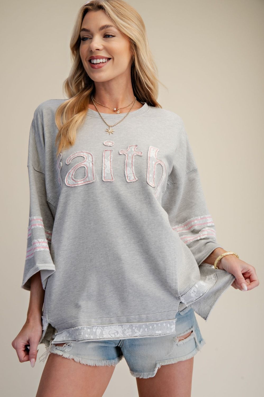 Easel FAITH Mineral Washed Terry Pullover in Heather Gray