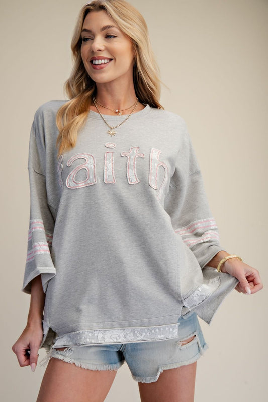 Easel FAITH Mineral Washed Terry Pullover in Heather Gray