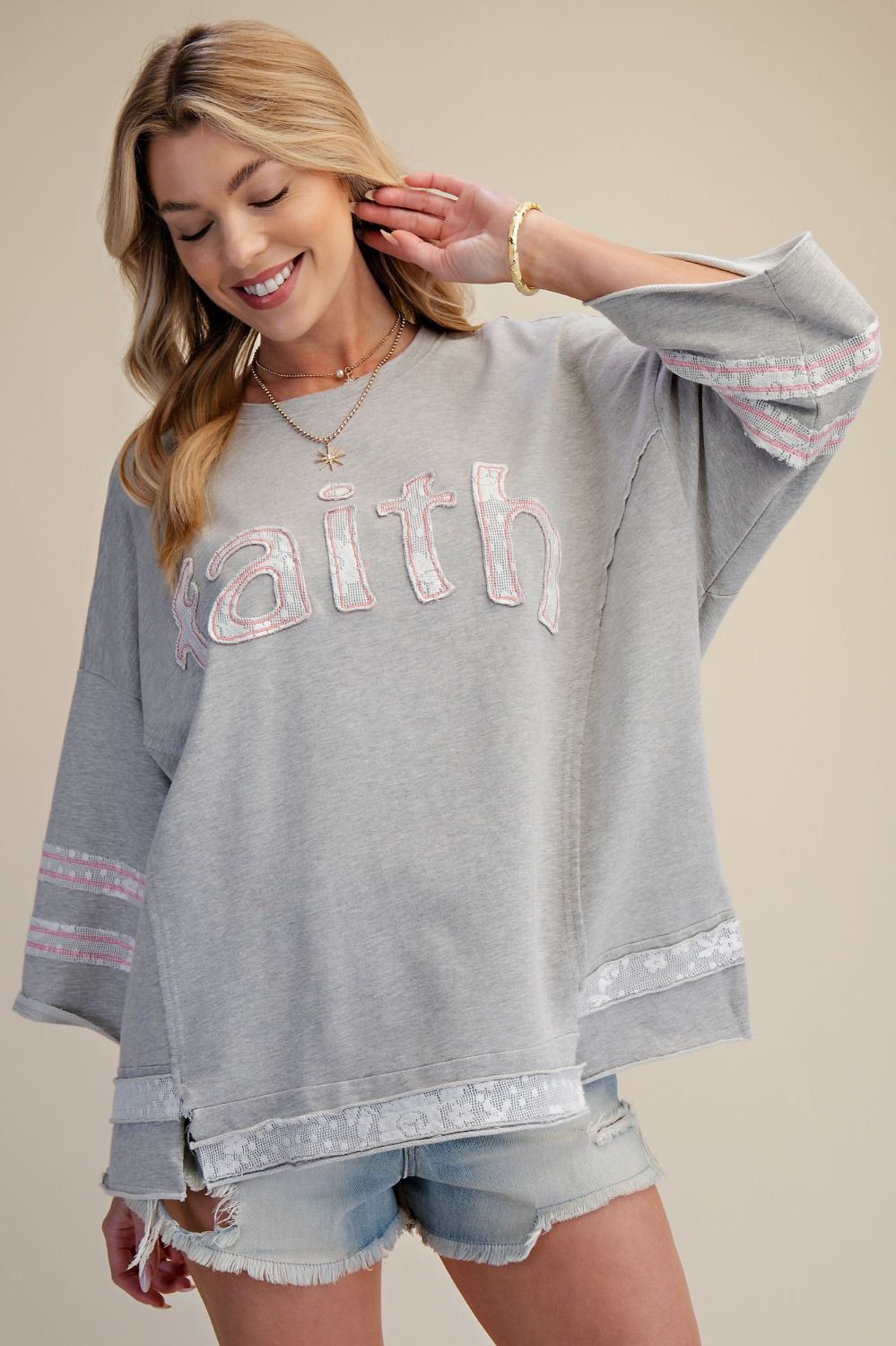 Easel FAITH Mineral Washed Terry Pullover in Heather Gray