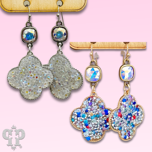 Crushed glitter clover earrings with Austrian crystal