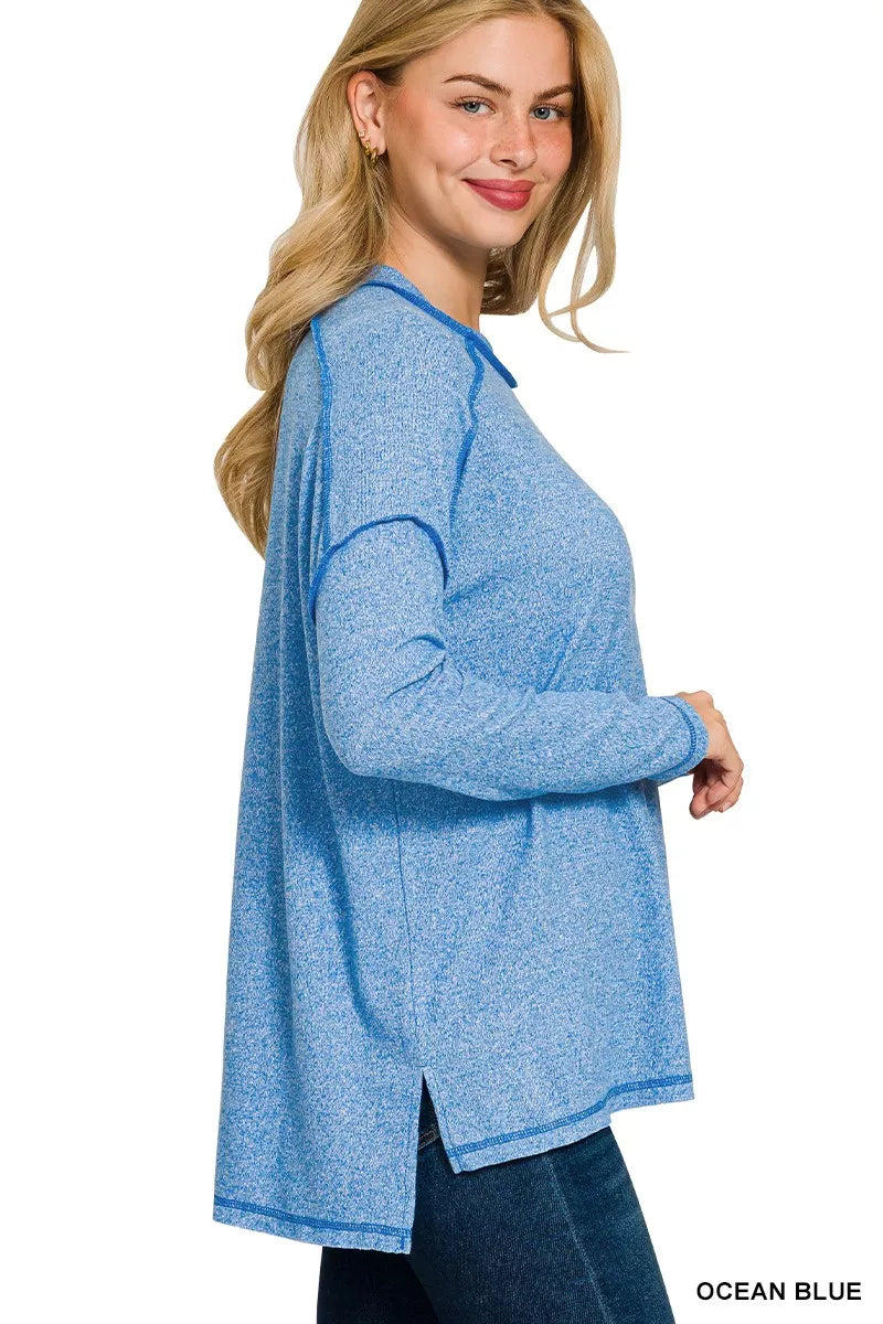 Zenana Full Size Melange Hacci Exposed Seam Hi-low Tee Plus Size