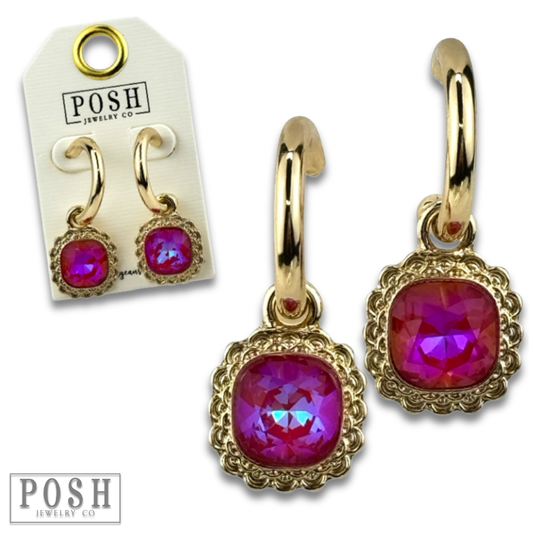 Posh Jewelry Co. Square Fuchsia Rhinestone Dangle Hoop Earrings