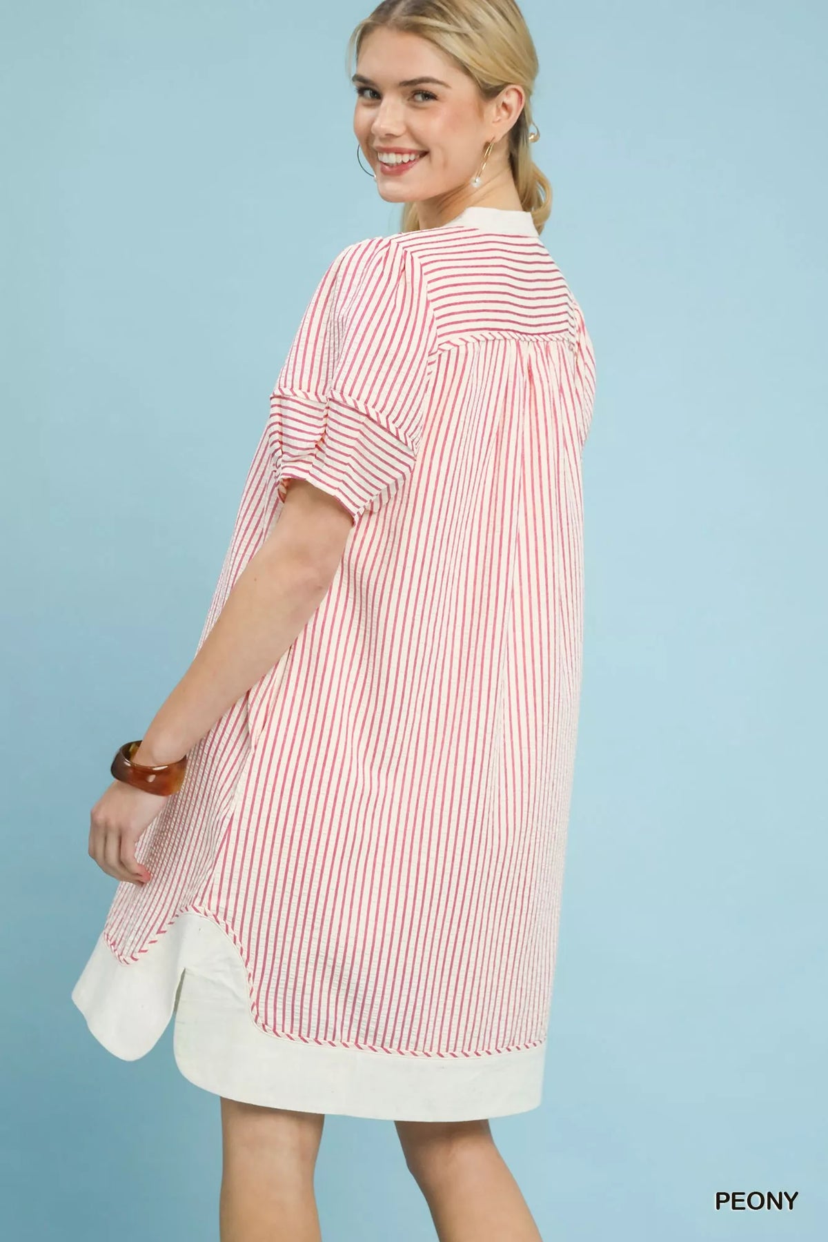 Umgee Pinstripe Shift Dress with Contrast Trim