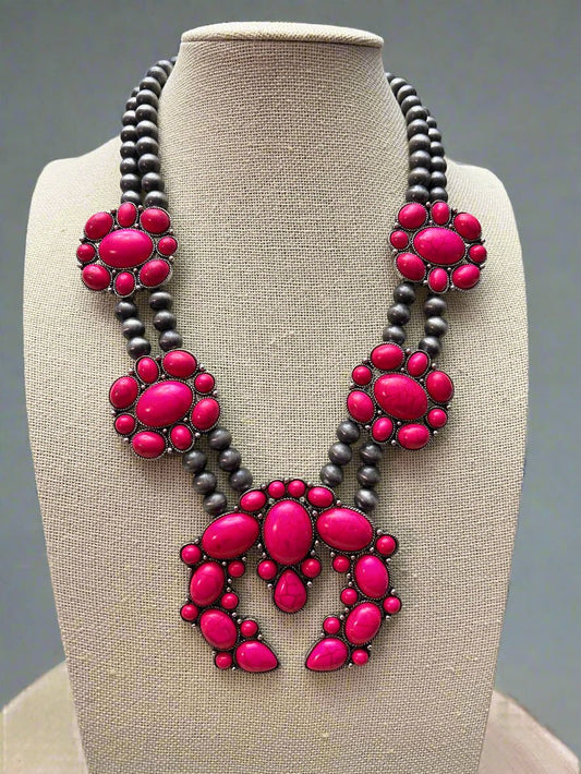 Faux Pink Squash Blossom Necklace on Double Strand Pearls -  18 inch necklace