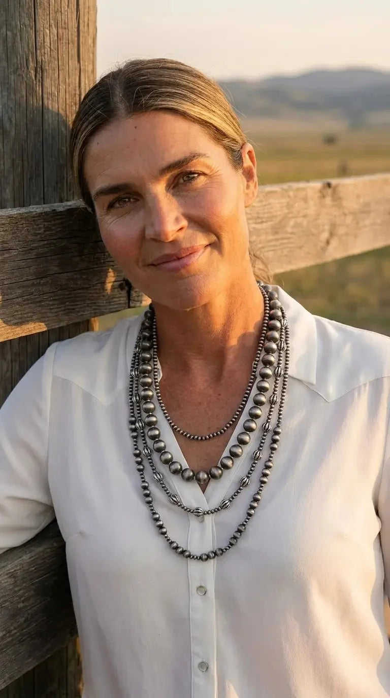 Faux Sterling Pearl Layered Necklace Set — 4-Piece Burnished Silver Western Layering Set (16" / 18" / 20" / 22")