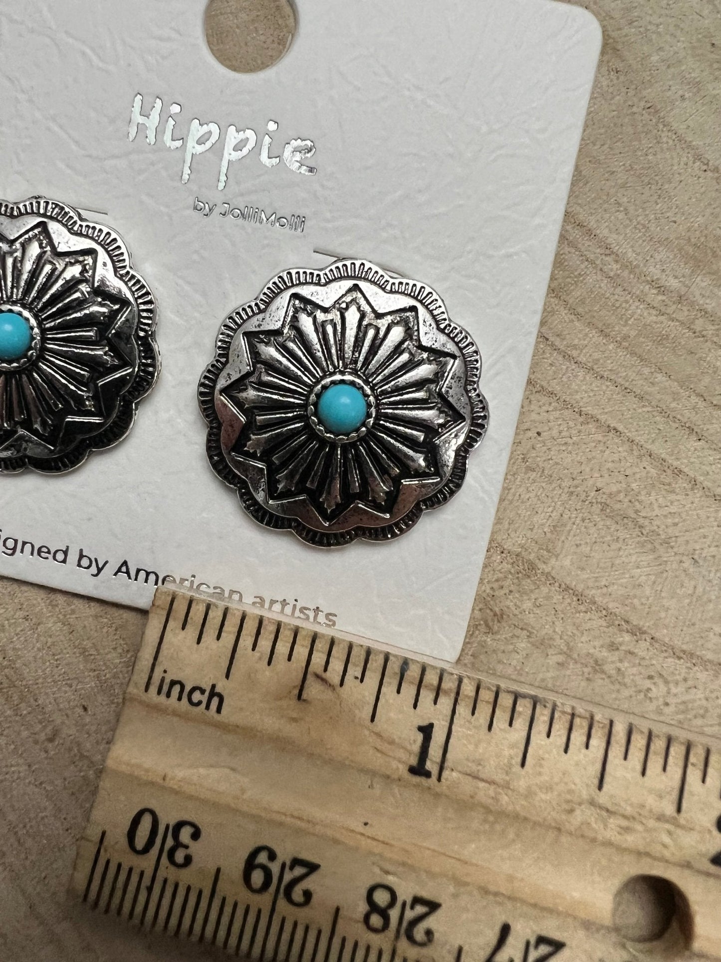 Western Faux Turquoise Concho Post Earrings — Petite 3/4" Drop