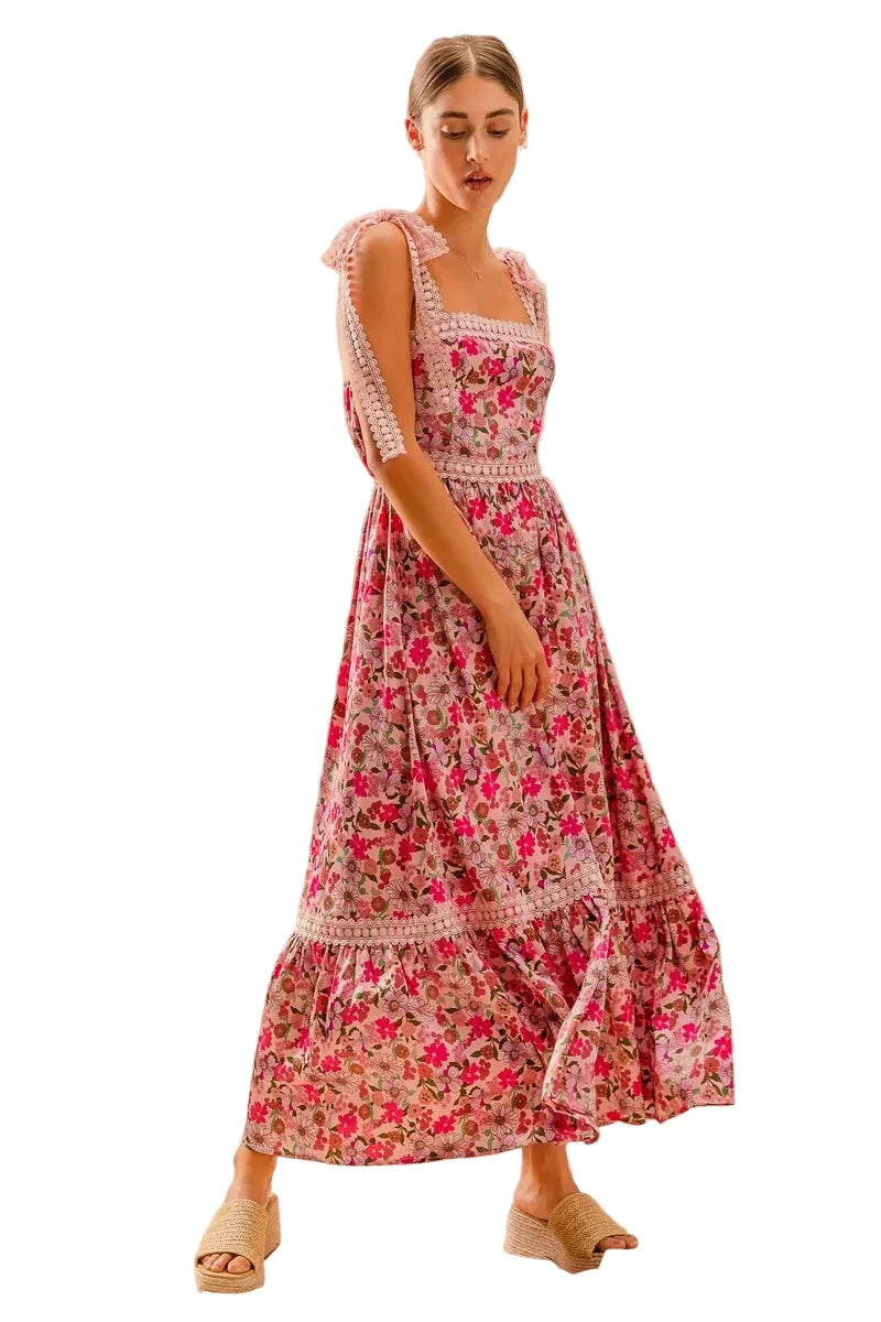 Womens Casual Maxi Dress Floral Print Lace Trim Square Neck Ruffle Hem Sleeveless Summer Pink Sundress