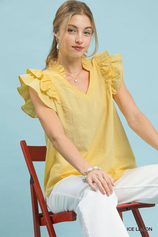 Umgee Textured Ruffle Sleeve V-Neck Blouse