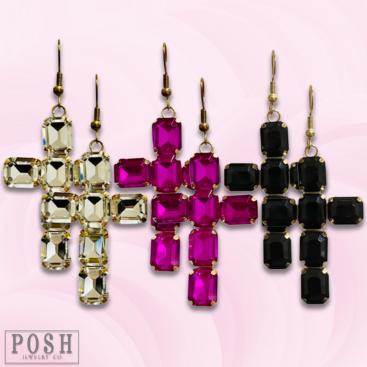 Pink Panache Brands - Fuchsia Rhinestone Cross Earrings