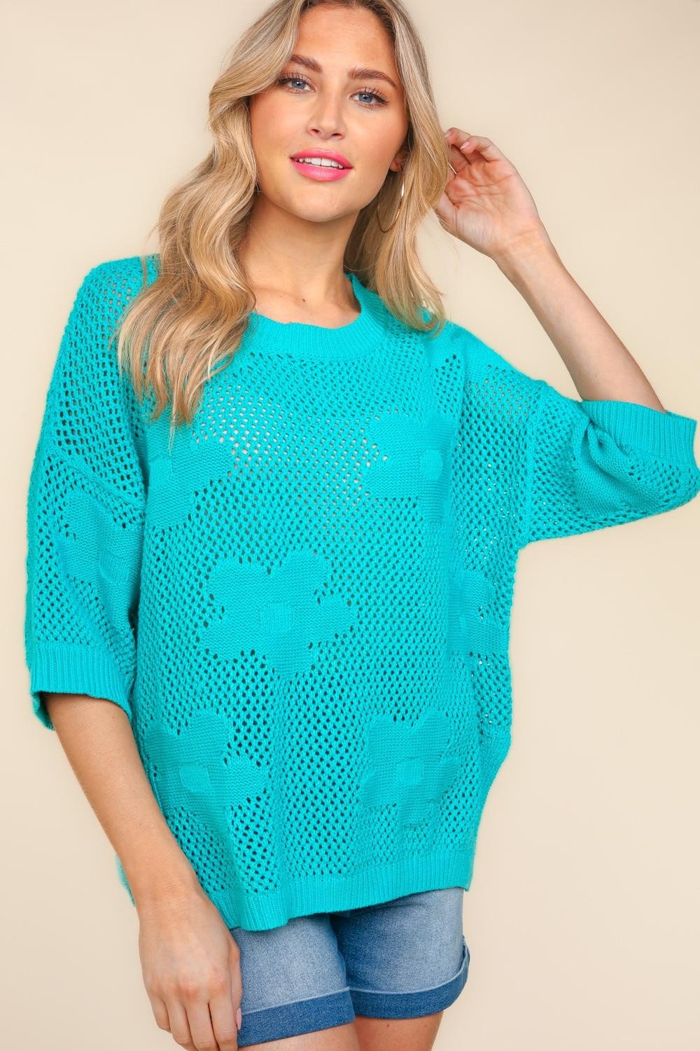 Haptics Floral Crochet Sweater Knit Western Top — Oversized 3/4 Sleeve with Side Slit Detail