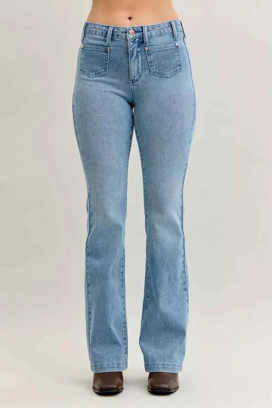 Mid Rise Bootcut Jeans W/ Contrast Wash & Front Patch Pockets by Judy Blue
