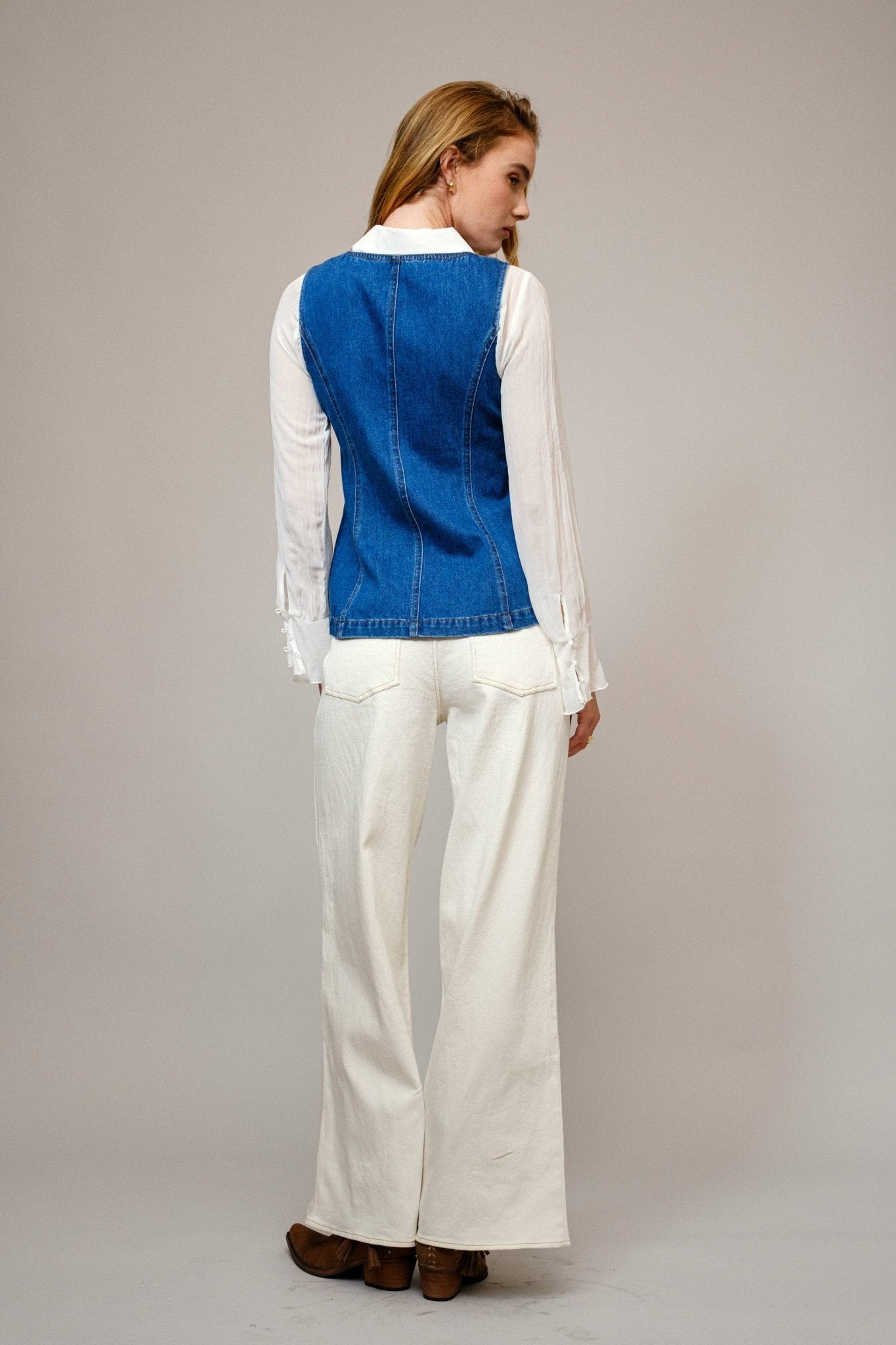Blue B "Gold Rush" Button Denim Western Vest — Medium-Wash with Gold Shank Buttons & Side Welt Pockets