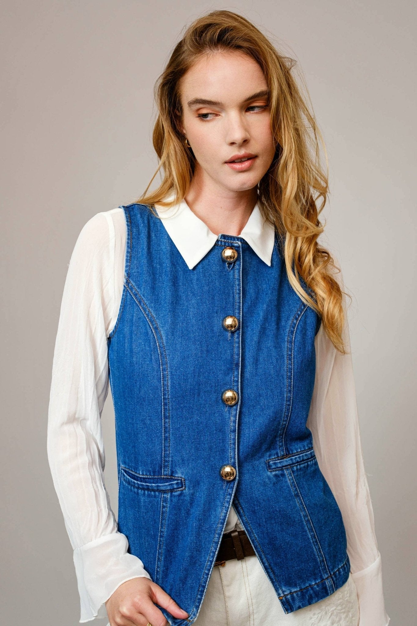 Blue B "Gold Rush" Button Denim Western Vest — Medium-Wash with Gold Shank Buttons & Side Welt Pockets