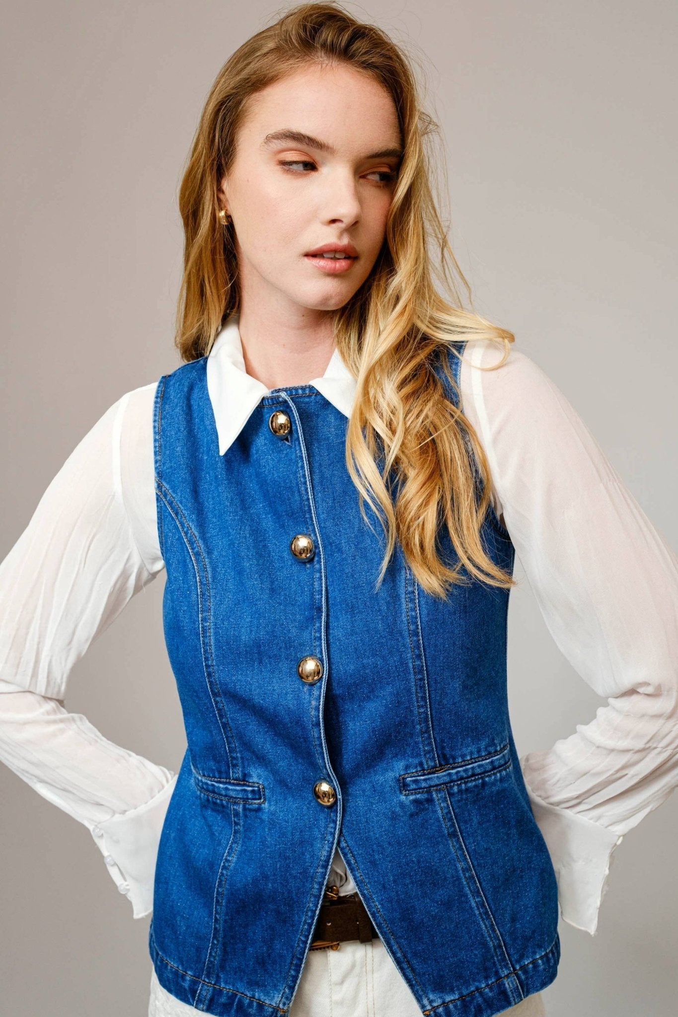 Blue B "Gold Rush" Button Denim Western Vest — Medium-Wash with Gold Shank Buttons & Side Welt Pockets
