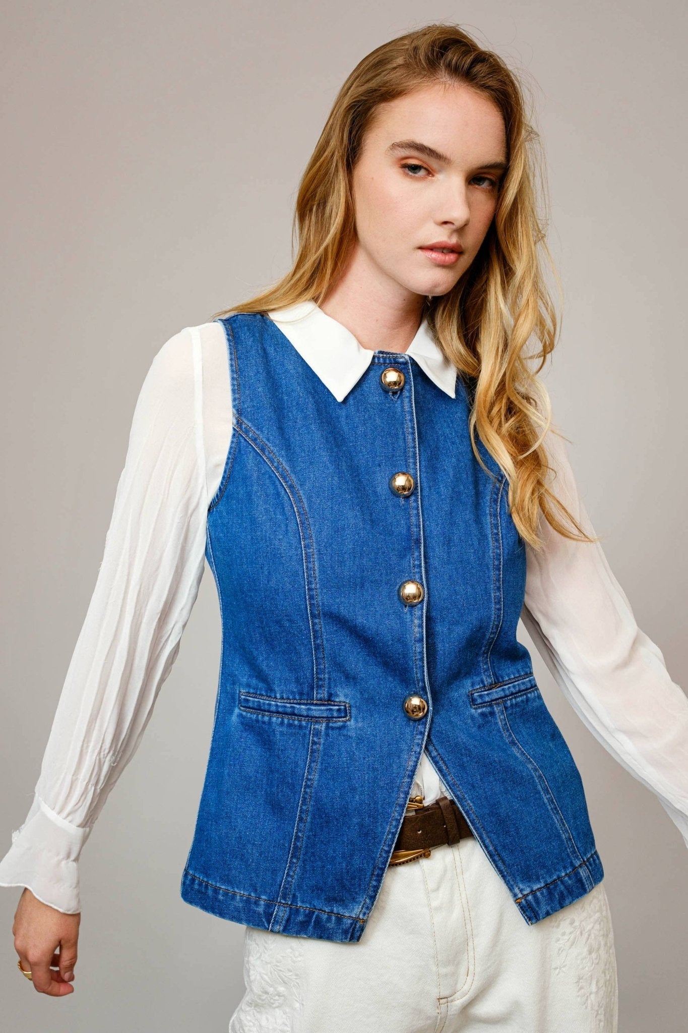 Blue B "Gold Rush" Button Denim Western Vest — Medium-Wash with Gold Shank Buttons & Side Welt Pockets