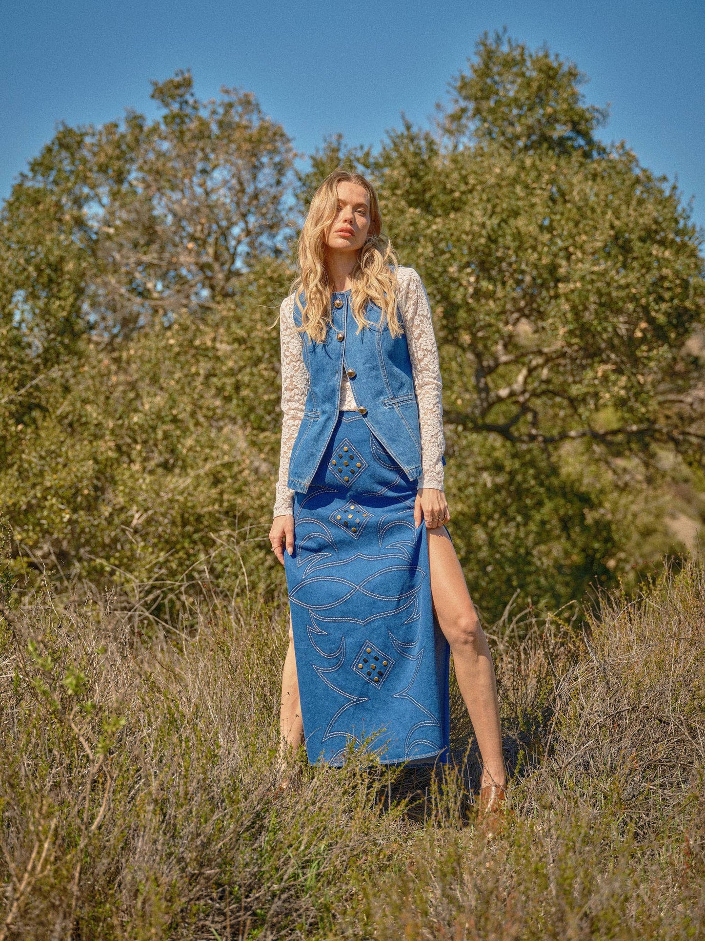 Blue B "Gold Rush" Button Denim Western Vest — Medium-Wash with Gold Shank Buttons & Side Welt Pockets