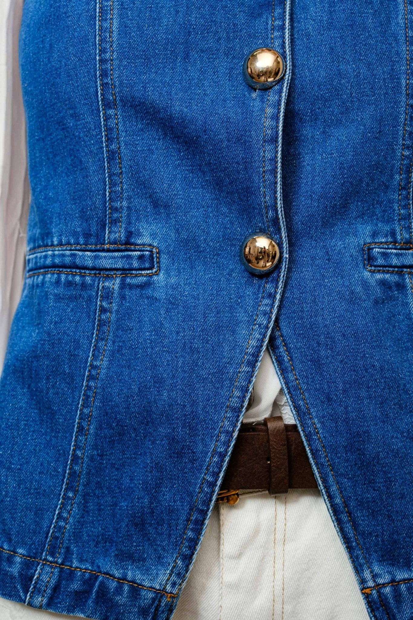 Blue B "Gold Rush" Button Denim Western Vest — Medium-Wash with Gold Shank Buttons & Side Welt Pockets