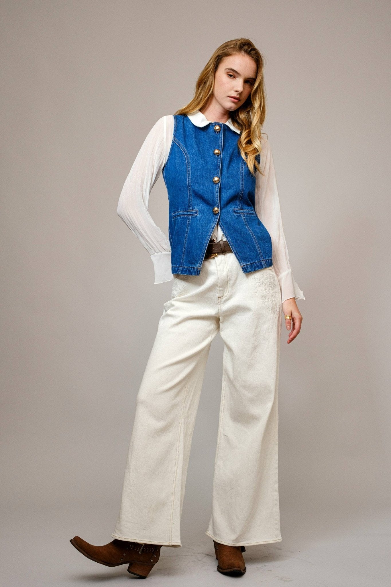 Blue B "Gold Rush" Button Denim Western Vest — Medium-Wash with Gold Shank Buttons & Side Welt Pockets