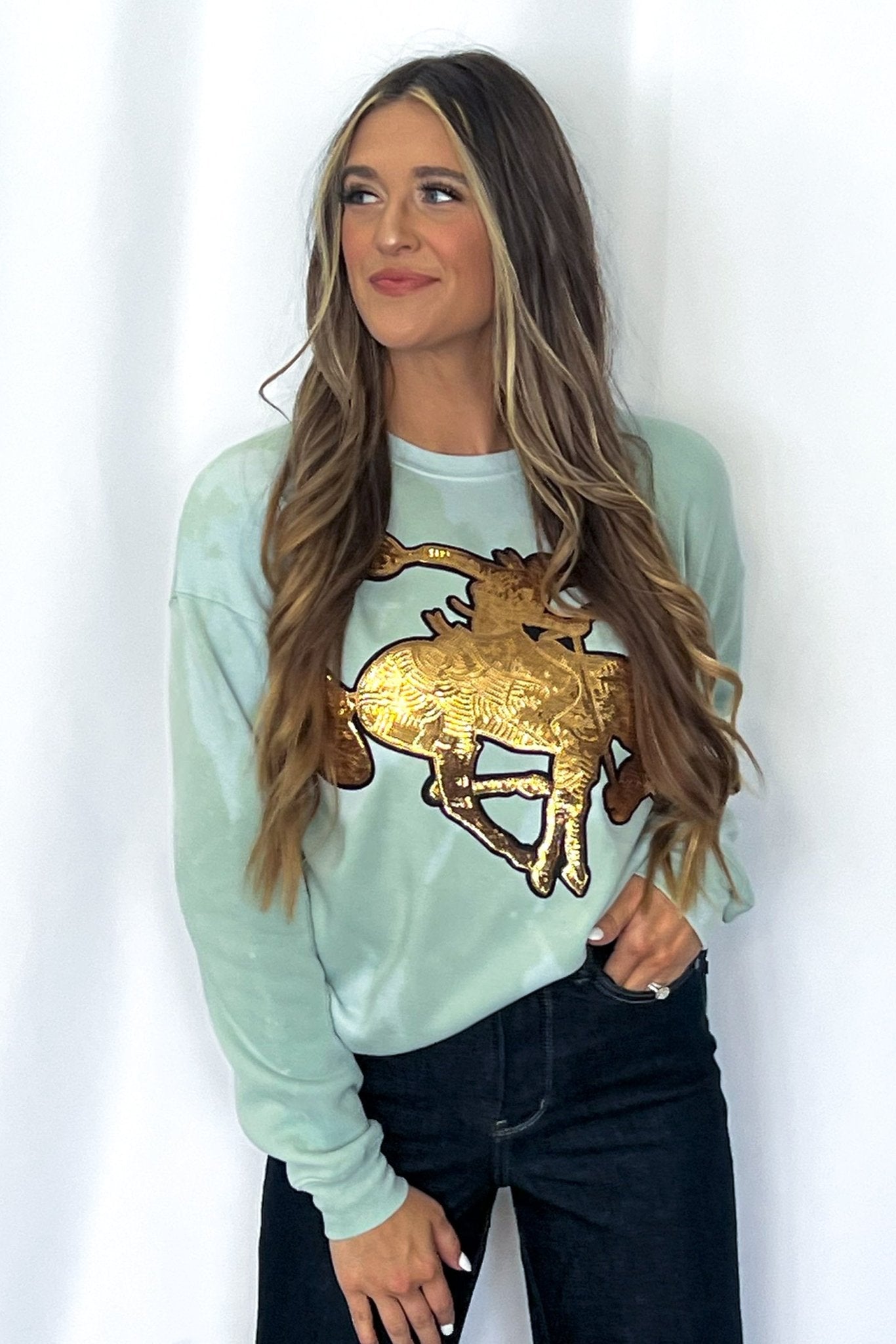 Crazy Consuela "Gold Sequin Horse" Bleached Western Sweatshirt — Bella + Canvas Aqua Sky Background with Cowboy Patch