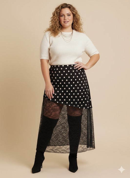 CM3 Italian Black Asymmetric Polka Dot and Lace Maxi Skirt Plus