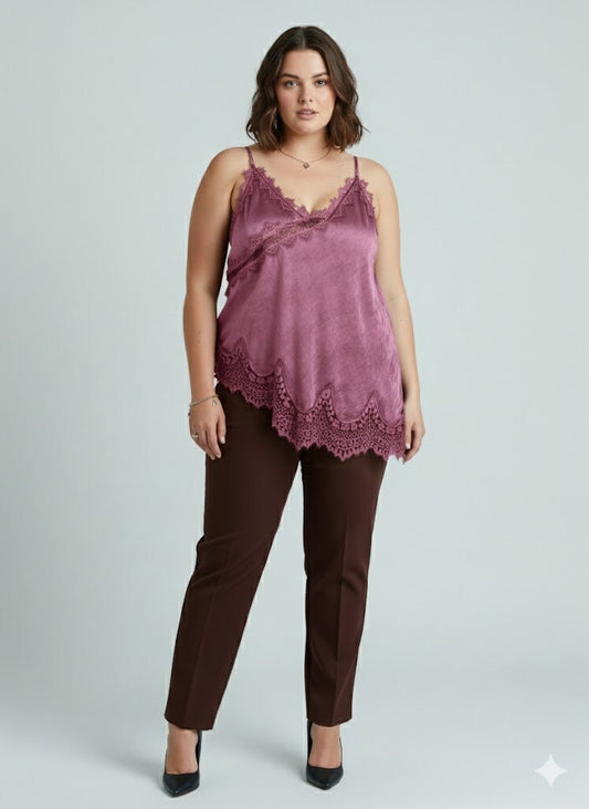 CM2 Flowing Satin Italian Top with Elegant Lace and Delicate Straps Plus