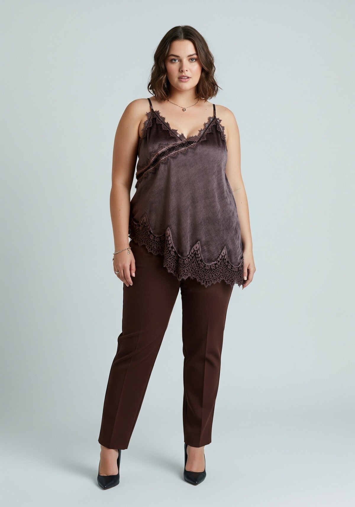 CM2 Flowing Satin Italian Top with Elegant Lace and Delicate Straps Plus