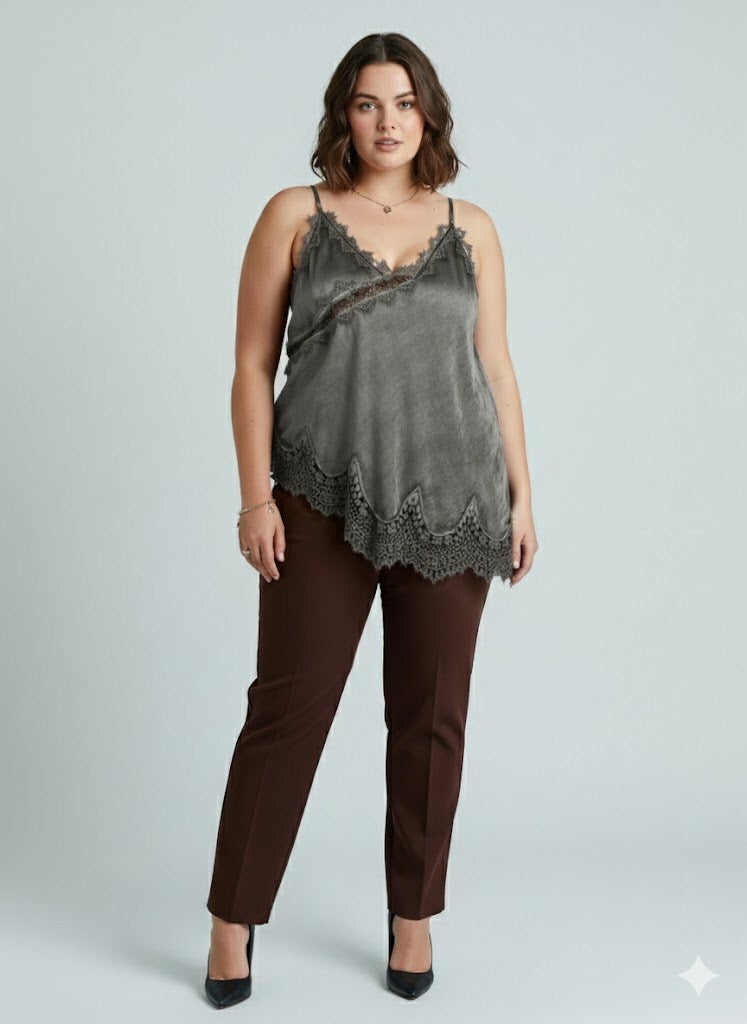 CM2 Flowing Satin Italian Top with Elegant Lace and Delicate Straps Plus