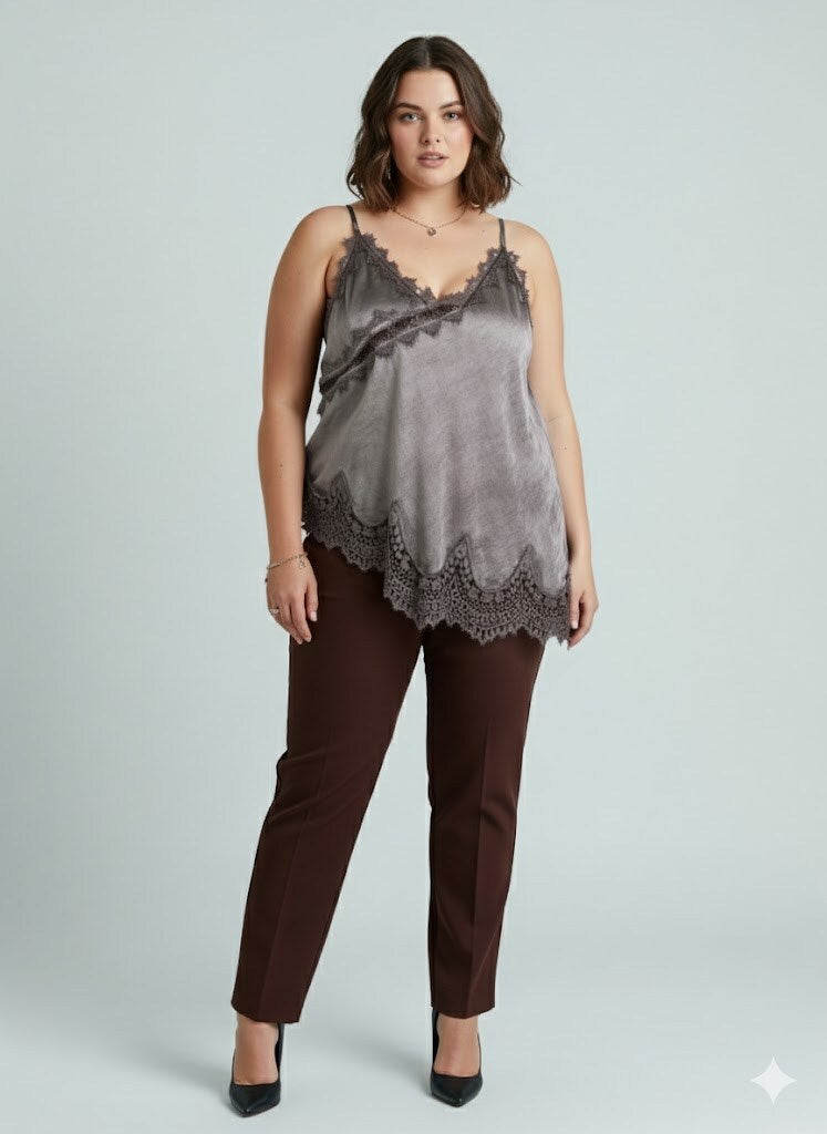 CM2 Flowing Satin Italian Top with Elegant Lace and Delicate Straps Plus