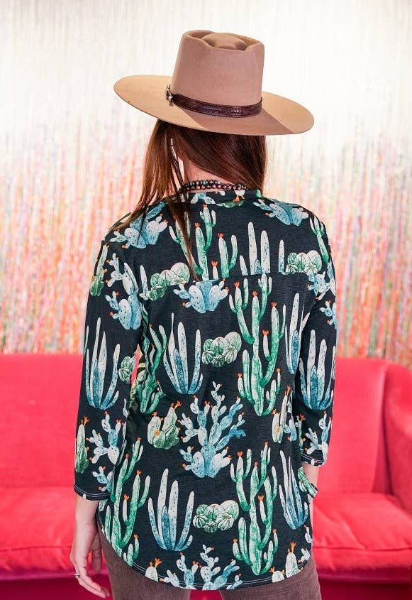 LUCKY & BLESSED "Green Cactus Bulgari" V-Neck Collared Western Top — 3/4 Sleeve Wrinkle-Free Loose Fit