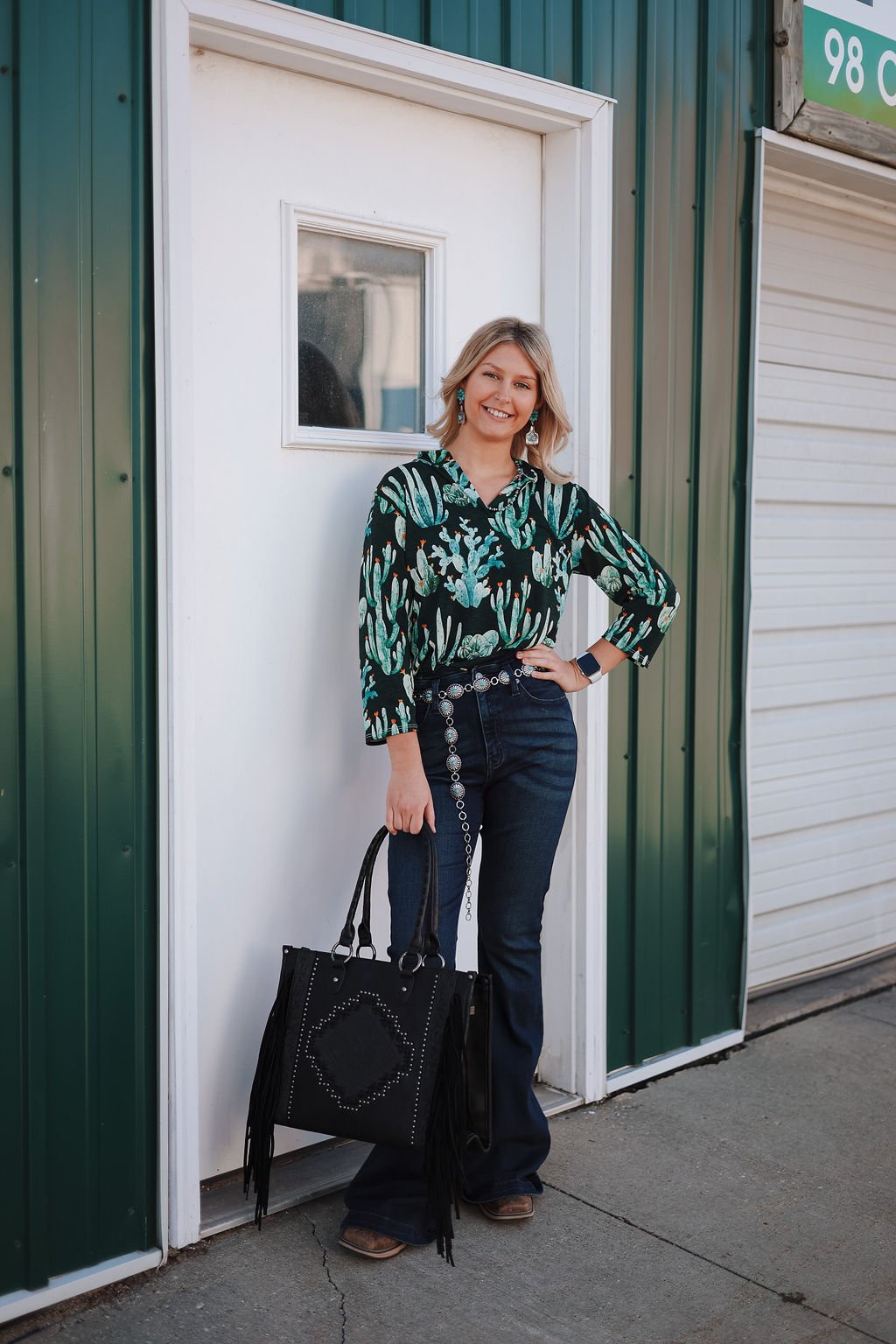 LUCKY & BLESSED "Green Cactus Bulgari" V-Neck Collared Western Top — 3/4 Sleeve Wrinkle-Free Loose Fit