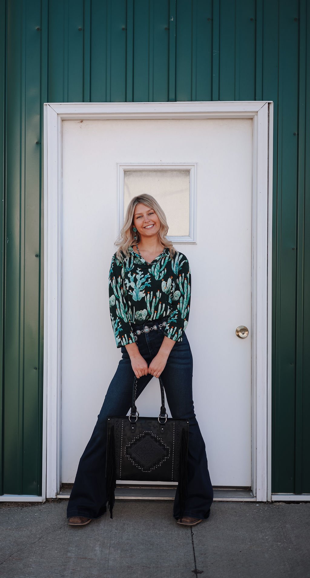 LUCKY & BLESSED "Green Cactus Bulgari" V-Neck Collared Western Top — 3/4 Sleeve Wrinkle-Free Loose Fit