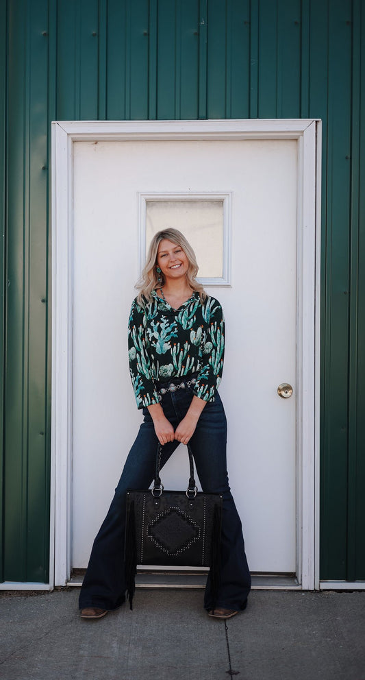 LUCKY & BLESSED "Green Cactus Bulgari" V-Neck Collared Western Top — 3/4 Sleeve Wrinkle-Free Loose Fit