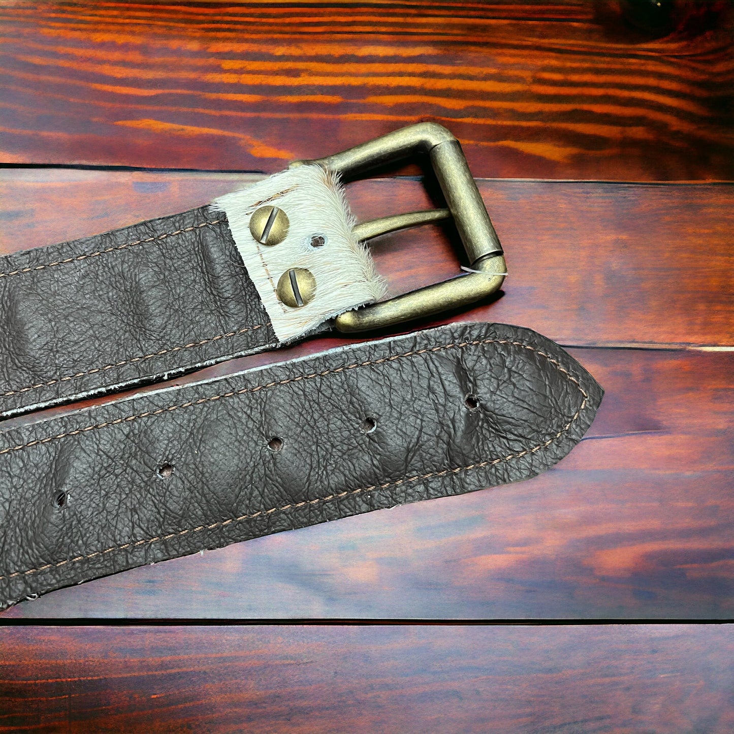 Hair-on-Hide Tan Brindle Leather Belt — Antique Buckle, Large/XL rjemains