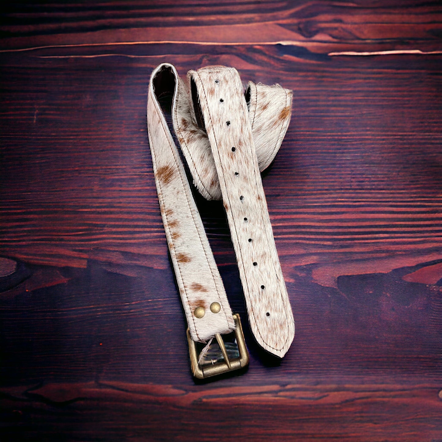 Hair-on-Hide Tan Brindle Leather Belt — Antique Buckle, Large/XL rjemains