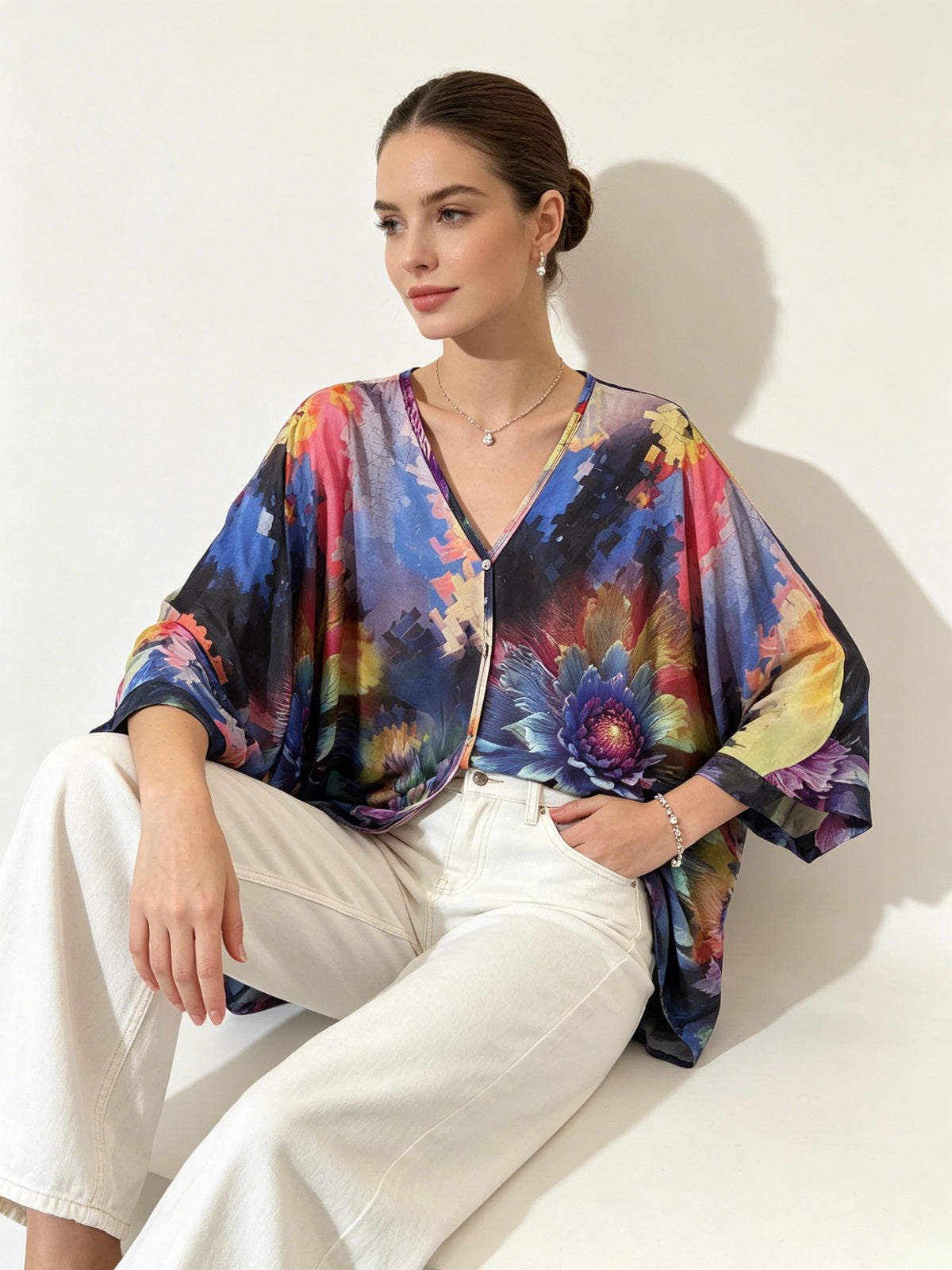 SO1 Italian LUXE Bright Floral Summer Blouse One Size Regular and Plus