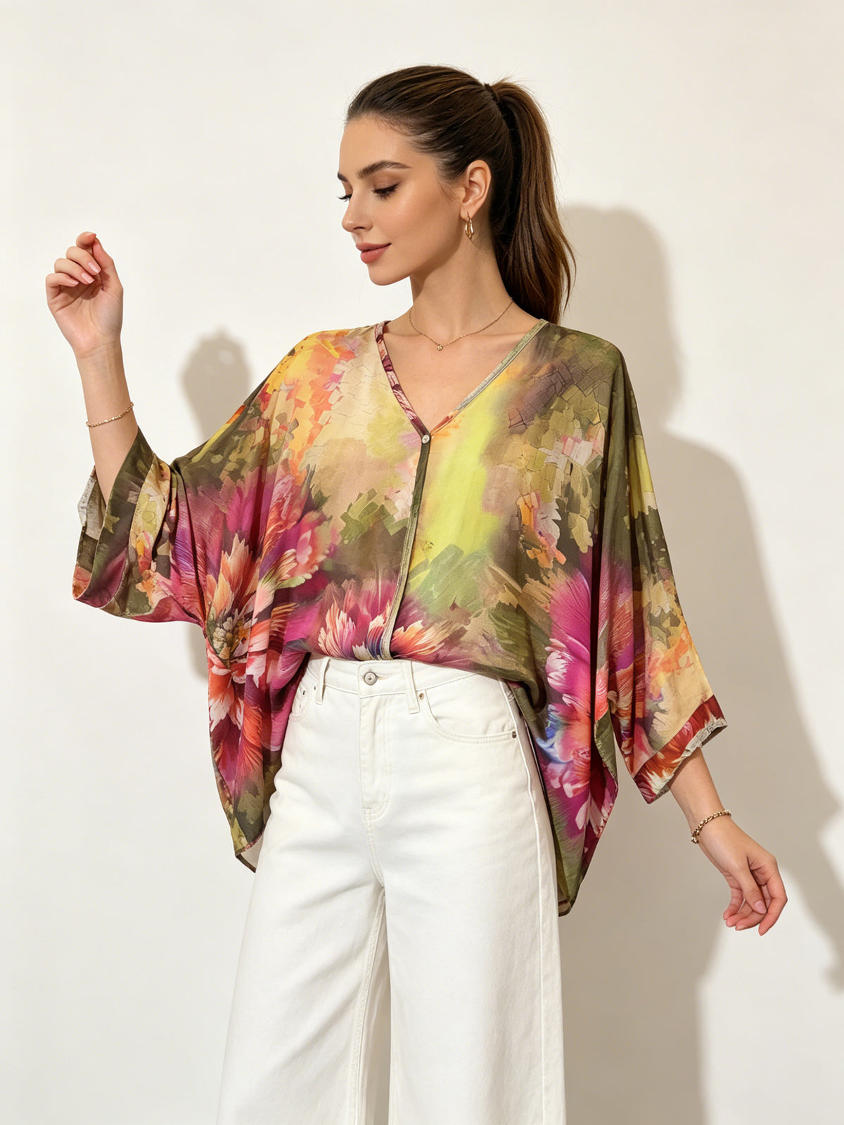 SO1 Italian LUXE Bright Floral Summer Blouse One Size Regular and Plus