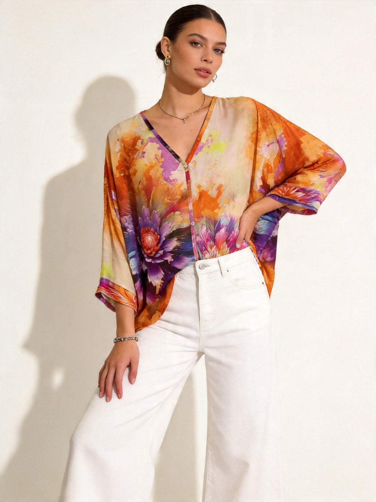 SO1 Italian LUXE Bright Floral Summer Blouse One Size Regular and Plus