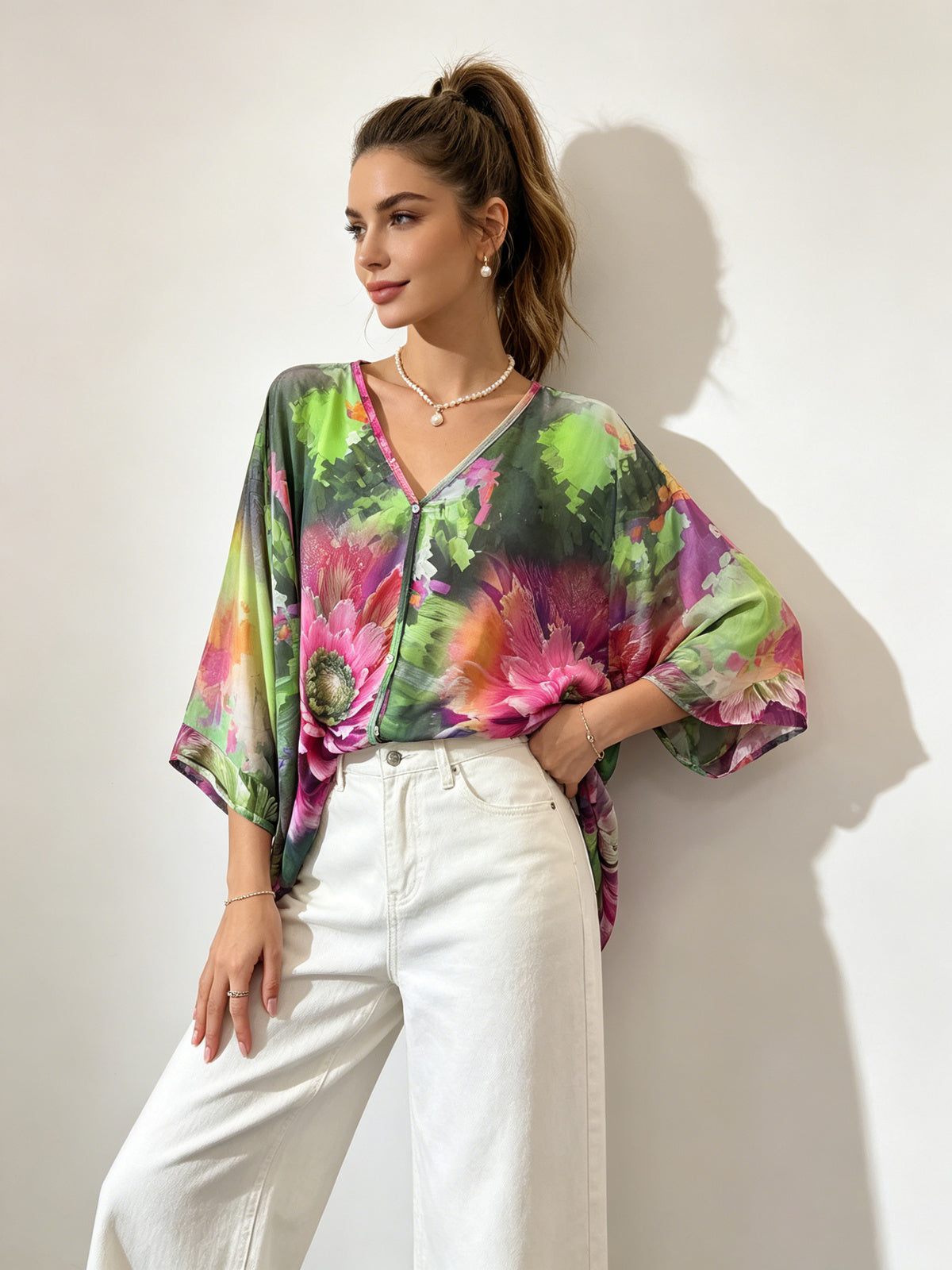 SO1 Italian LUXE Bright Floral Summer Blouse One Size Regular and Plus