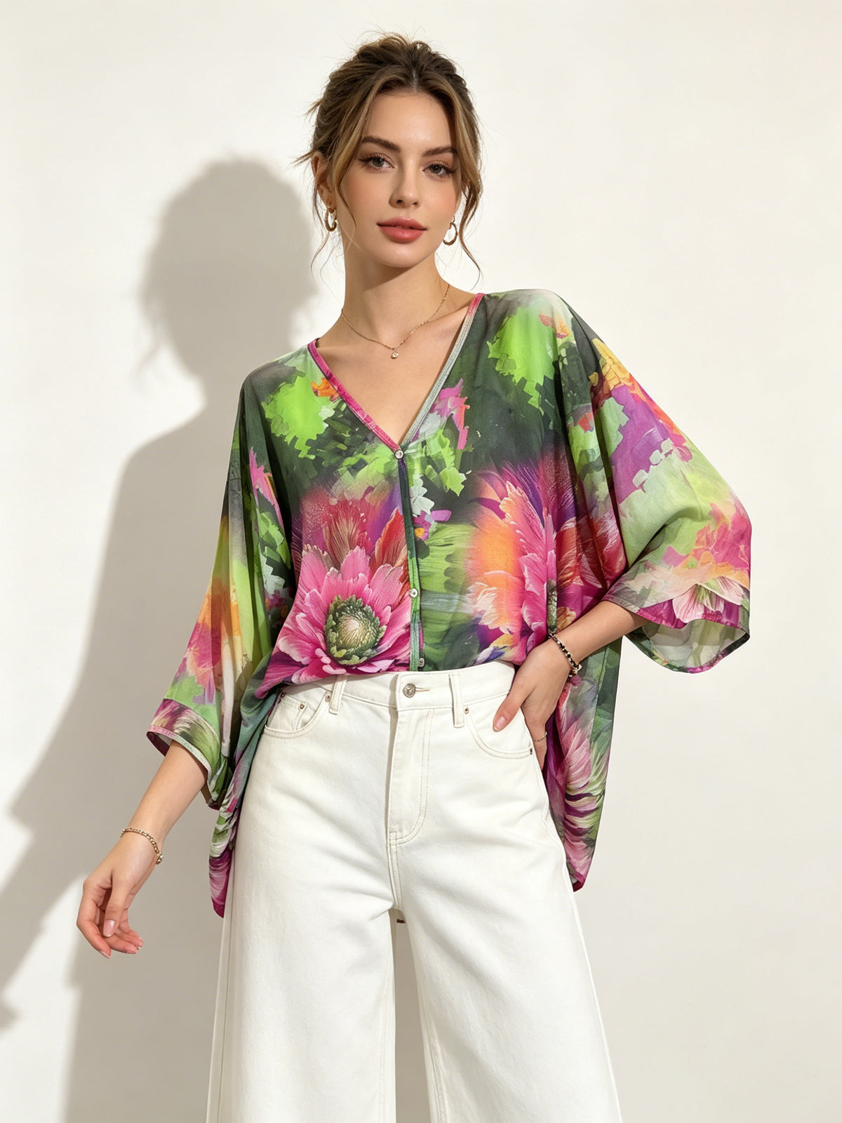 SO1 Italian LUXE Bright Floral Summer Blouse One Size Regular and Plus