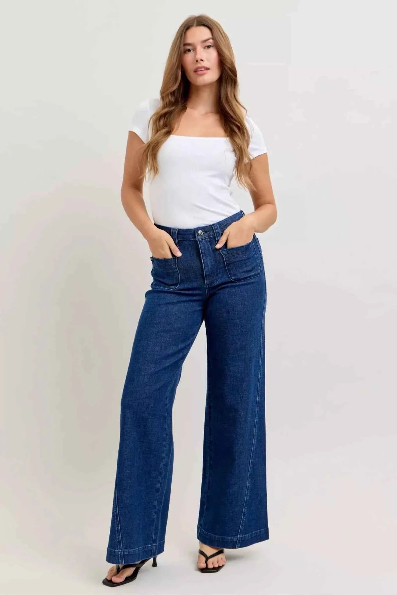 High-Waisted Retro Wide Jeans with Patch Pkts & Twisted Seams by Judy Blue