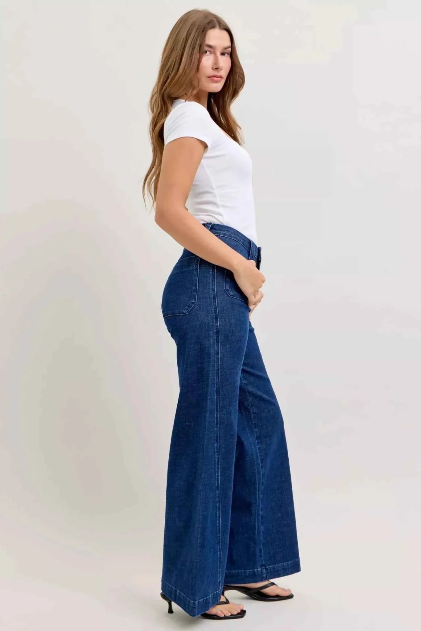 High-Waisted Retro Wide Jeans with Patch Pkts & Twisted Seams by Judy Blue