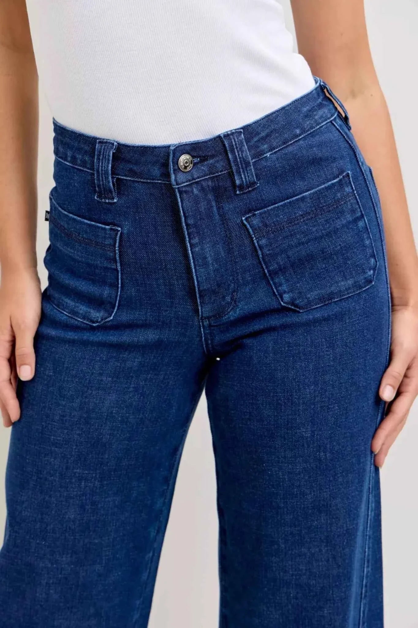High-Waisted Retro Wide Jeans with Patch Pkts & Twisted Seams by Judy Blue