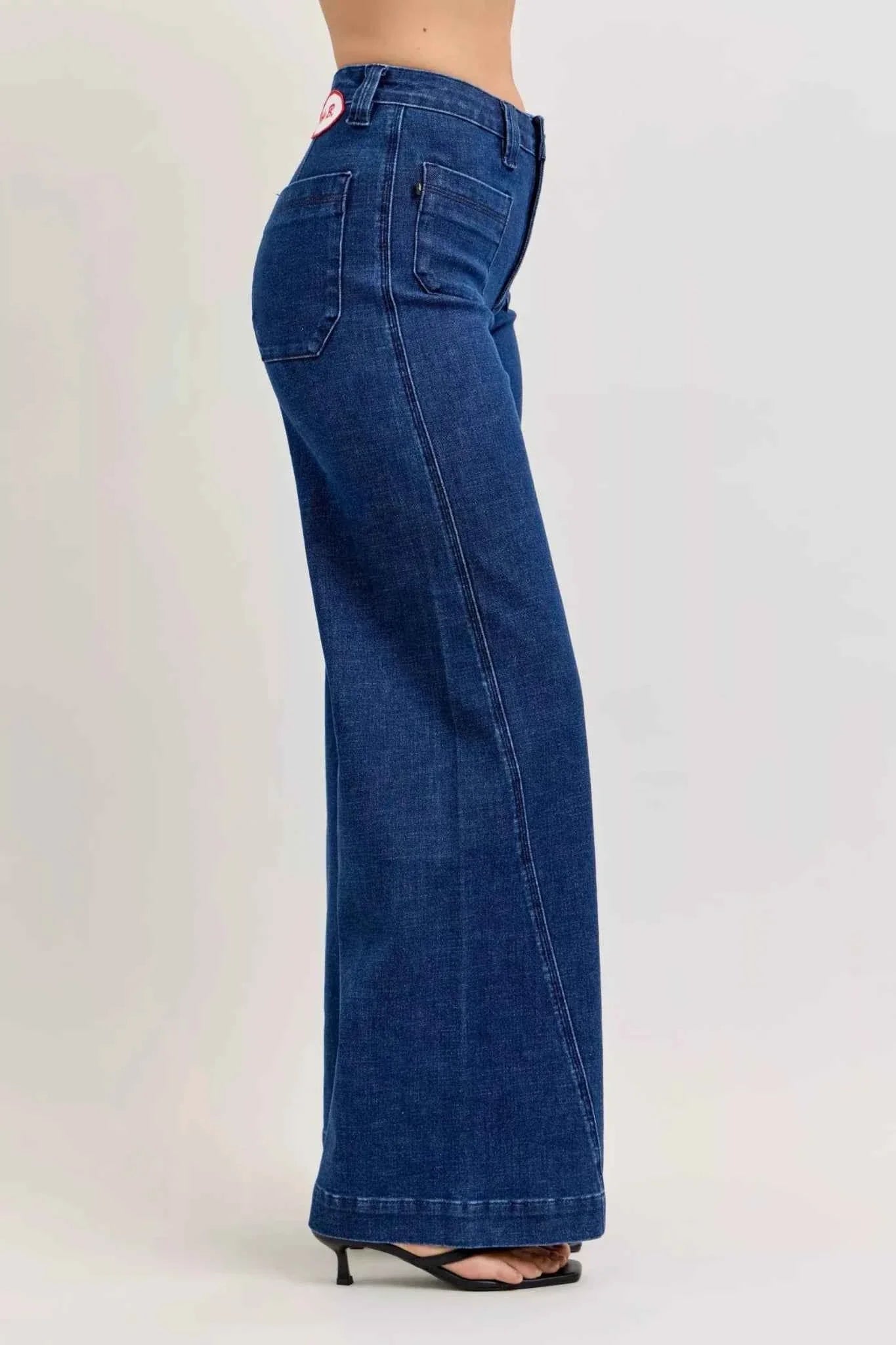 High-Waisted Retro Wide Jeans with Patch Pkts & Twisted Seams by Judy Blue