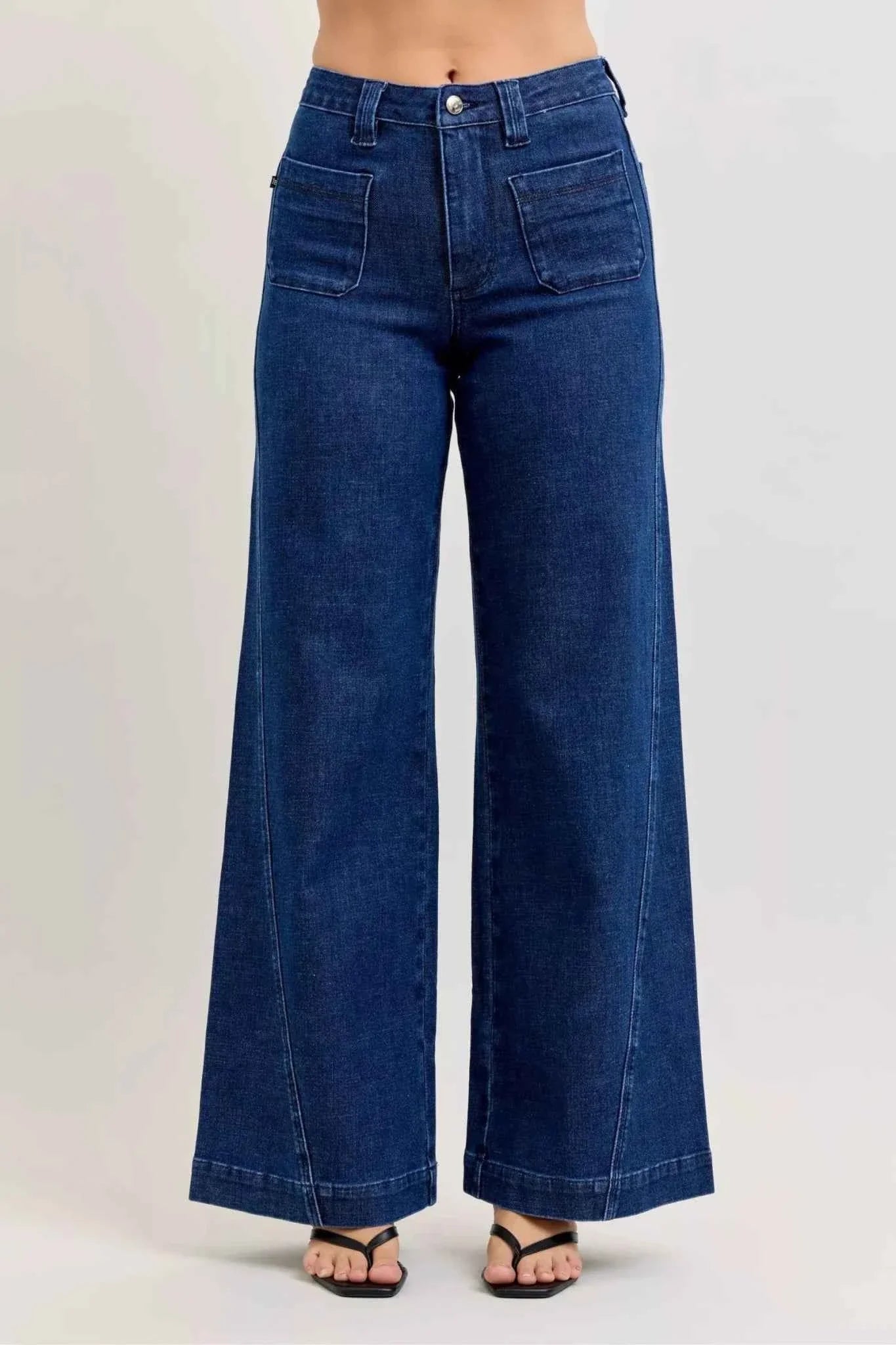 High-Waisted Retro Wide Jeans with Patch Pkts & Twisted Seams by Judy Blue
