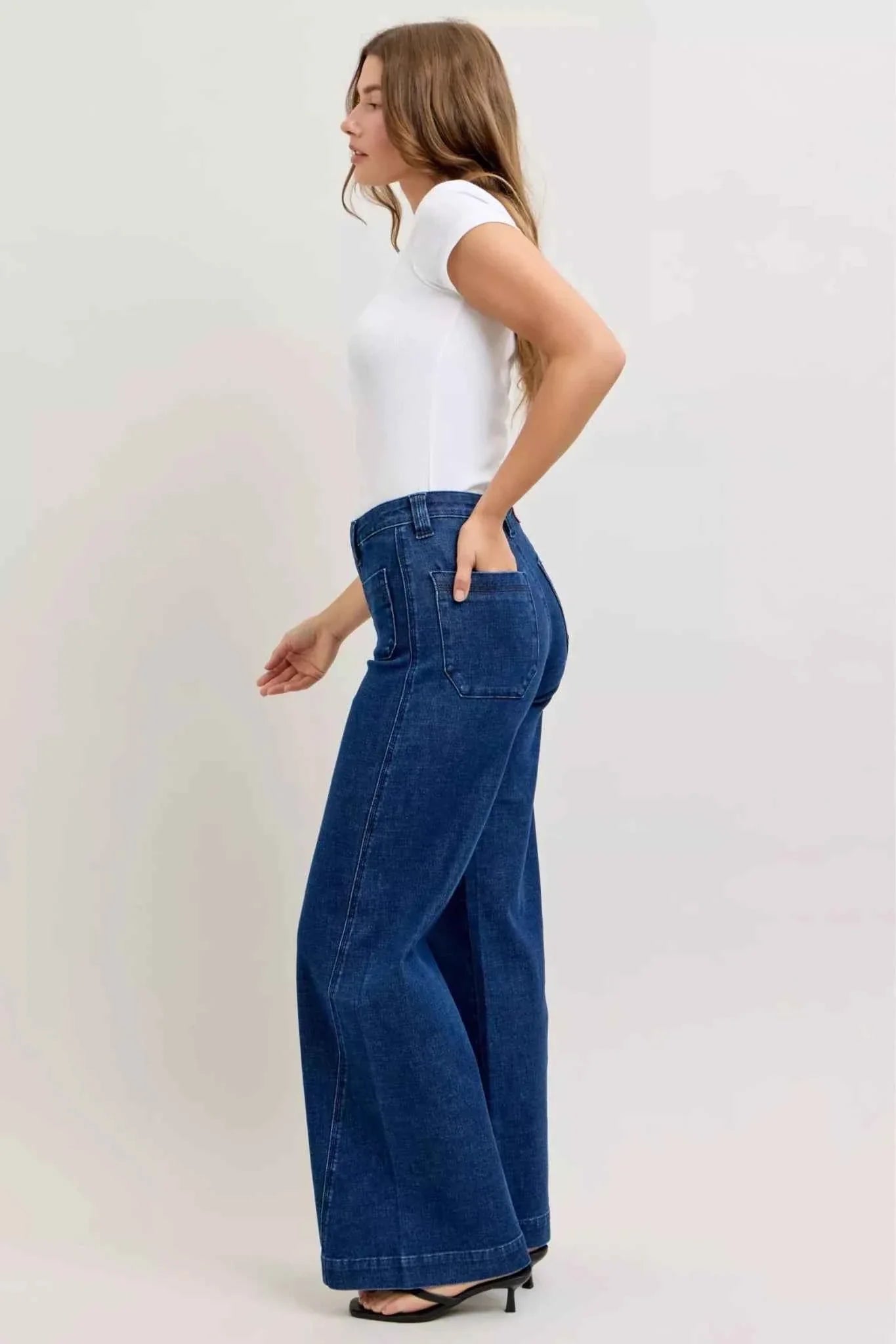High-Waisted Retro Wide Jeans with Patch Pkts & Twisted Seams by Judy Blue