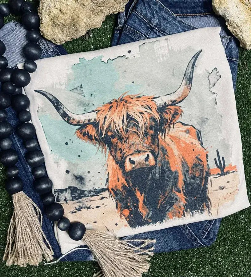 Vintage Highland Cow Western Graphic Tee — Durable Gildan Blend Weathered Western Statement